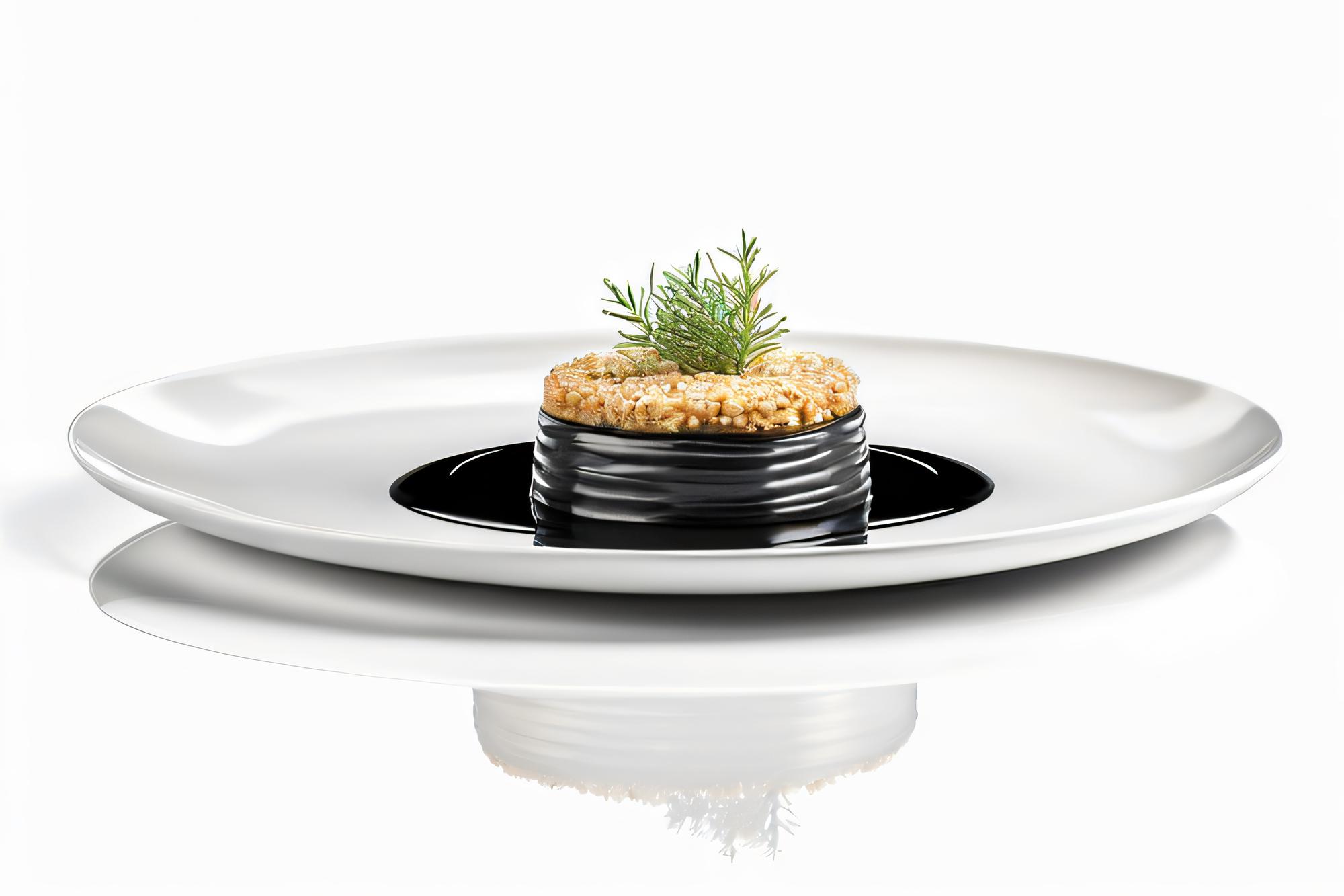 Chef plating elegant dish in studio kitchen